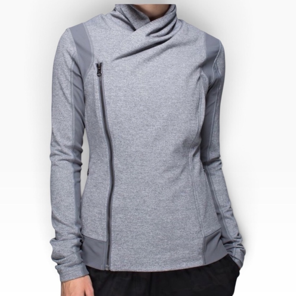 Lululemon Bhakti Gray Asymmetrical Zip Cowl Neck Jacket Heathered Size 6